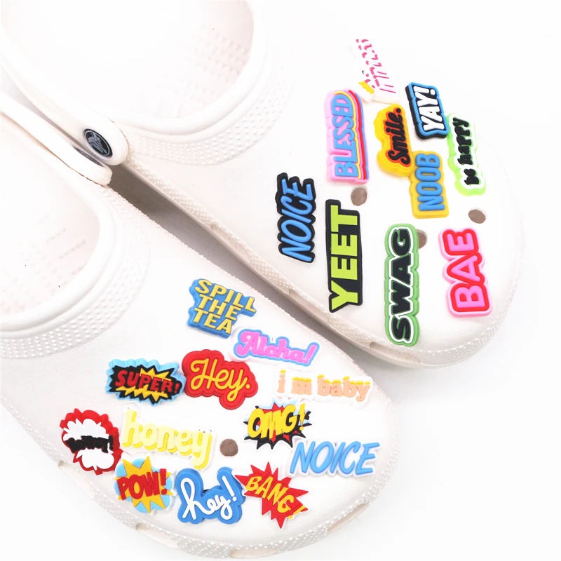 Freeshipping 1pcs Shoe Charms Accessories YAY HEY BANG POW NOICE NO WAY YEET Shoe Decoration for croc jibz Kids Xmas Party Gifts