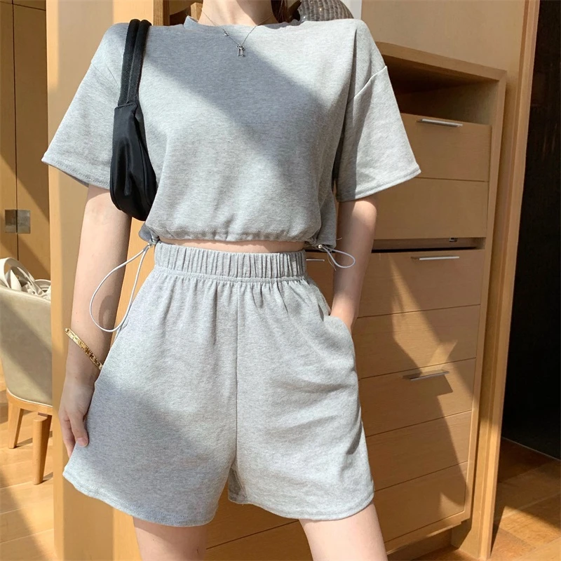 

Summer Solid color 2 piece set tracksuit women Drawstring Slim top and shorts casual outfit two piece suit sweatshirt