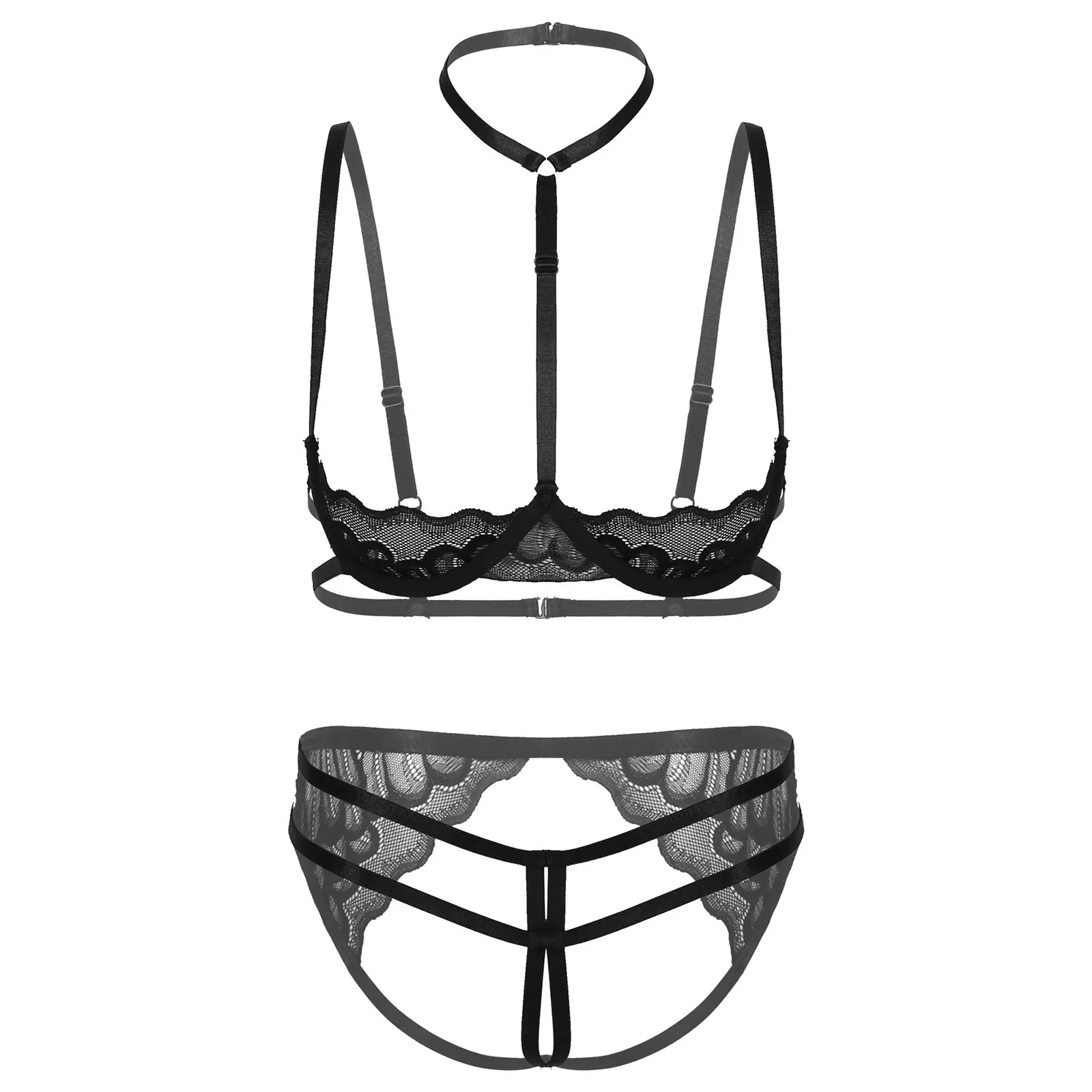 

Womens Sheer Lace Erotic Lingerie Suit Underwear Sleepwear Halter Neck Underwired Hot Bra Tops with Crotchless G-string Briefs