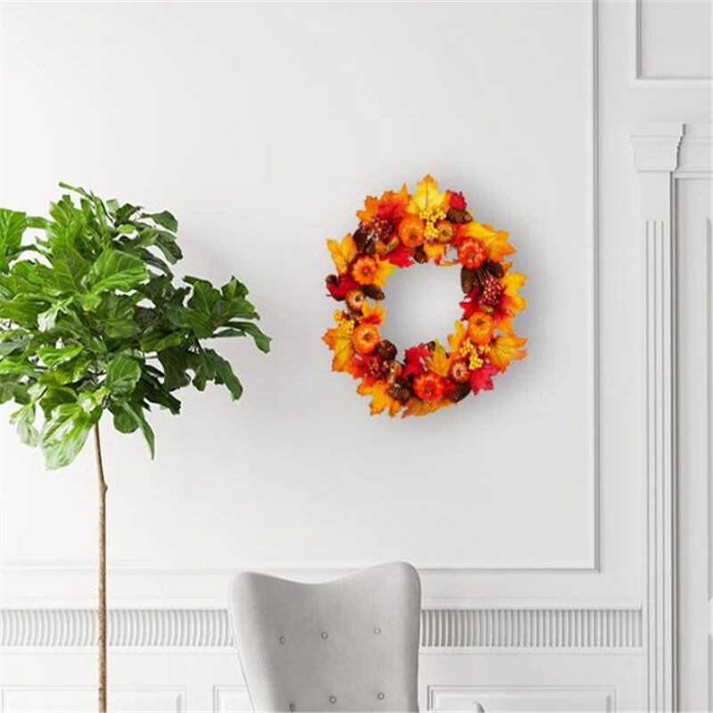 

Halloween Thanksgiving Maple Leaf Wreath Pumpkin Pine Cone Rattan Autumn Garland For Home Party Decor Halloween Wall Decoration