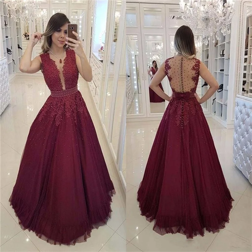 2020 A-line Lace Beaded Wedding Dress V-neck Illusion Full Length Tulle Dresses Sexy Backless Bridal Gowns Vestidos de Noiva