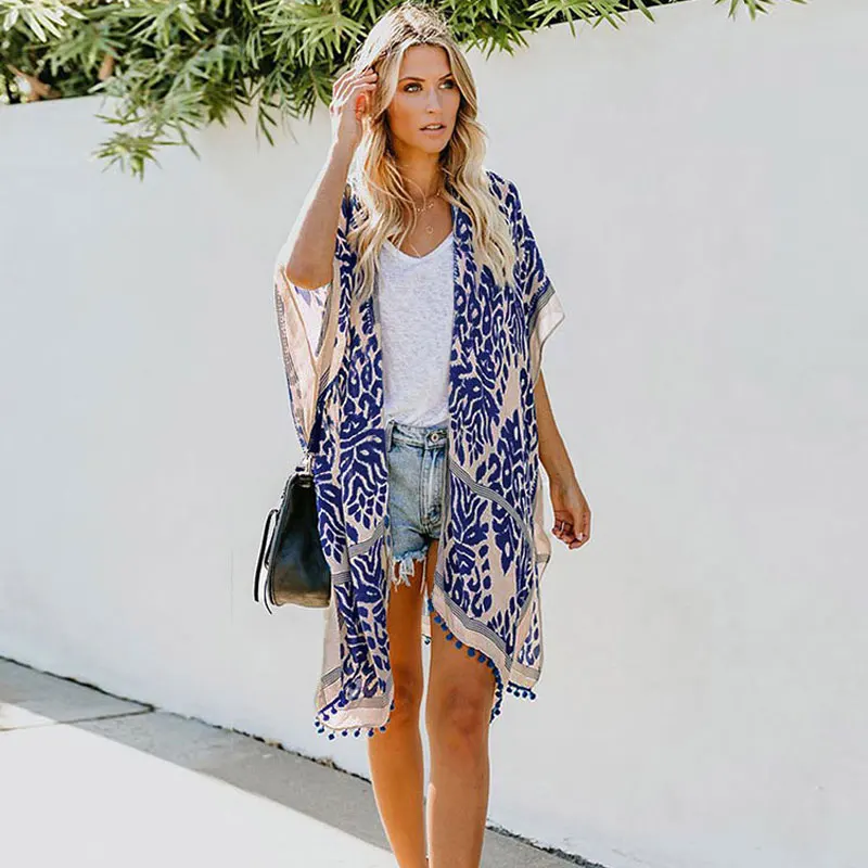 Женский шифоновый кардиган Пляжное платье с V-образным вырезом и принтом |
