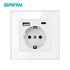SRAN 52*52 Европейская розетка с usb и type c,86 мм * 86 мм прозрачная стеклянная панель, ЕС стандарт USB зарядная розетка