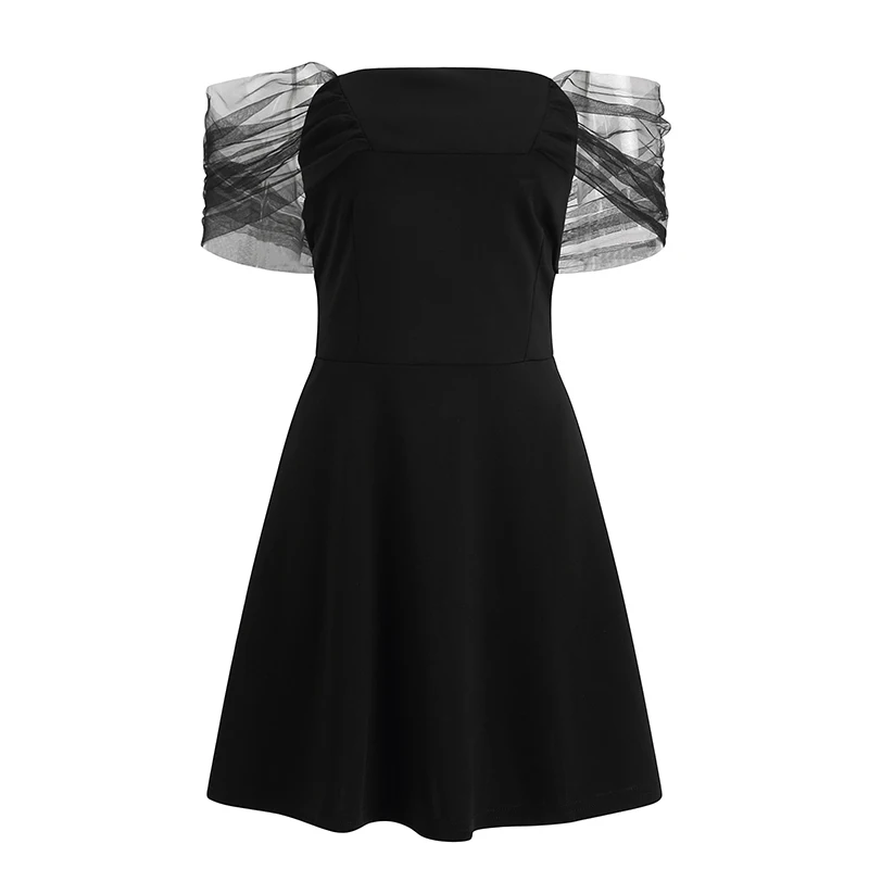 

COIGARSAM Women dress New Slash neck High Waist Mesh Dresses Black 271