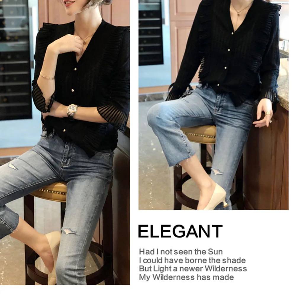 

Women's Ruffled Blouse Fashion V-neck Long-sleeved Thin Western Style Blouse 2020 Early Autumn Ladies Shirt Chic Female Tops