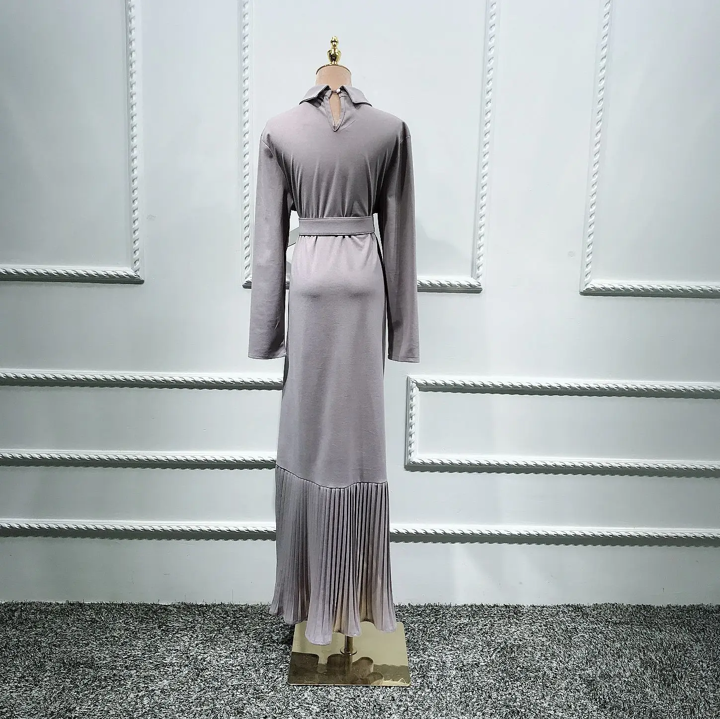 

Lugentolo Muslim Fashion Elegant Dress Women Solid Pleated Hem Long Sleeve Round Neck Sashes High Waist Summer Womens Dress