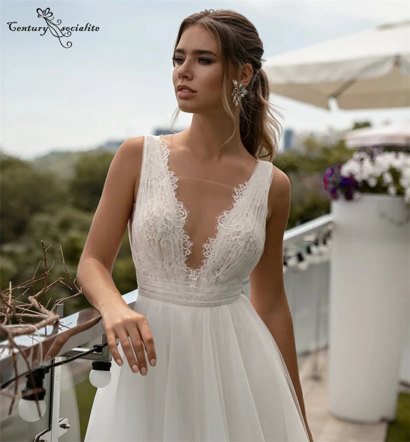 

Simple Boho Wedding Dresses for Bride 2021 Lace Pleats Backless A-Line Bohemian Bridal Gowns Plus Size Vestido De Noiva