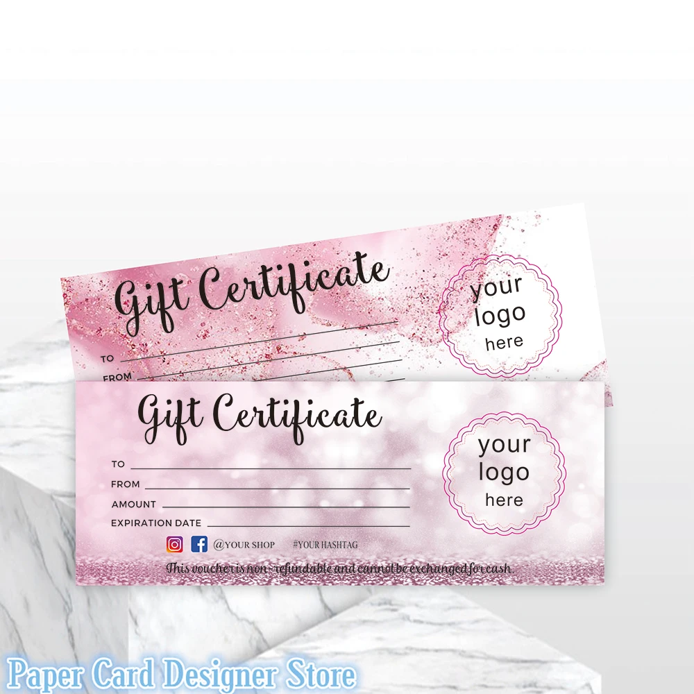 

Custom Rose Gold Modern Glittery Gift Certificate Printable Gift Card Personalized ADD YOUR LOGO Gift Voucher