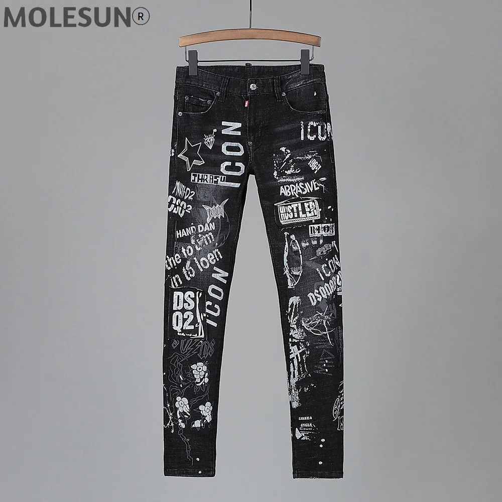 

Nightclub style dsq brand black mens Stretch jeans Men denim trousers Patchwork Slim black letter jeans Pencil Pants for men