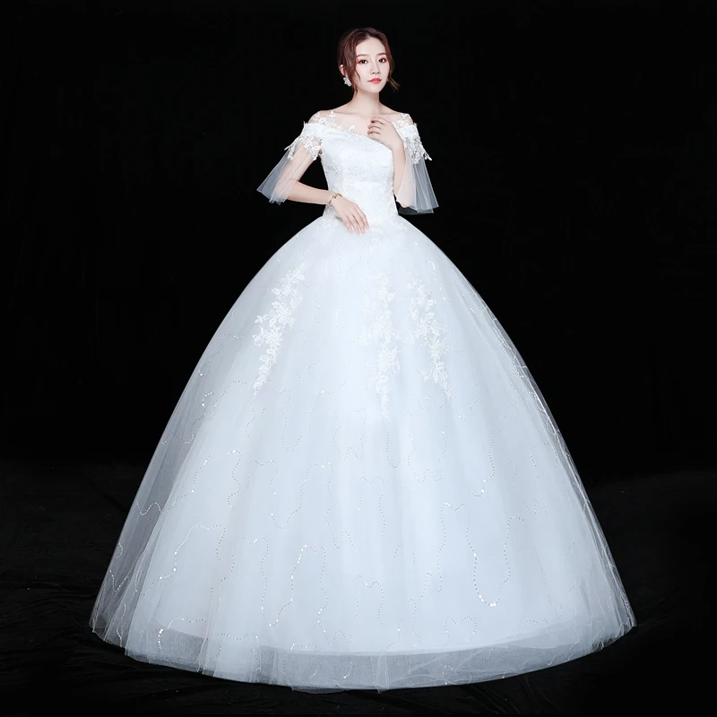 

Wedding Dresses Illusion V-Neck Short Sequined Embroidery Tulle Lace Backless Luxury Off The Shoulder Women Bridal Gown FB663