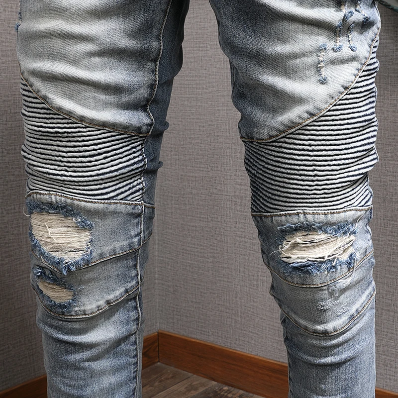 European American Street Fashion Men Jeans Elastic Destroyed Ripped Biker Jeans Men Slim Fit Designer Hip Hop Denim Punk Pants