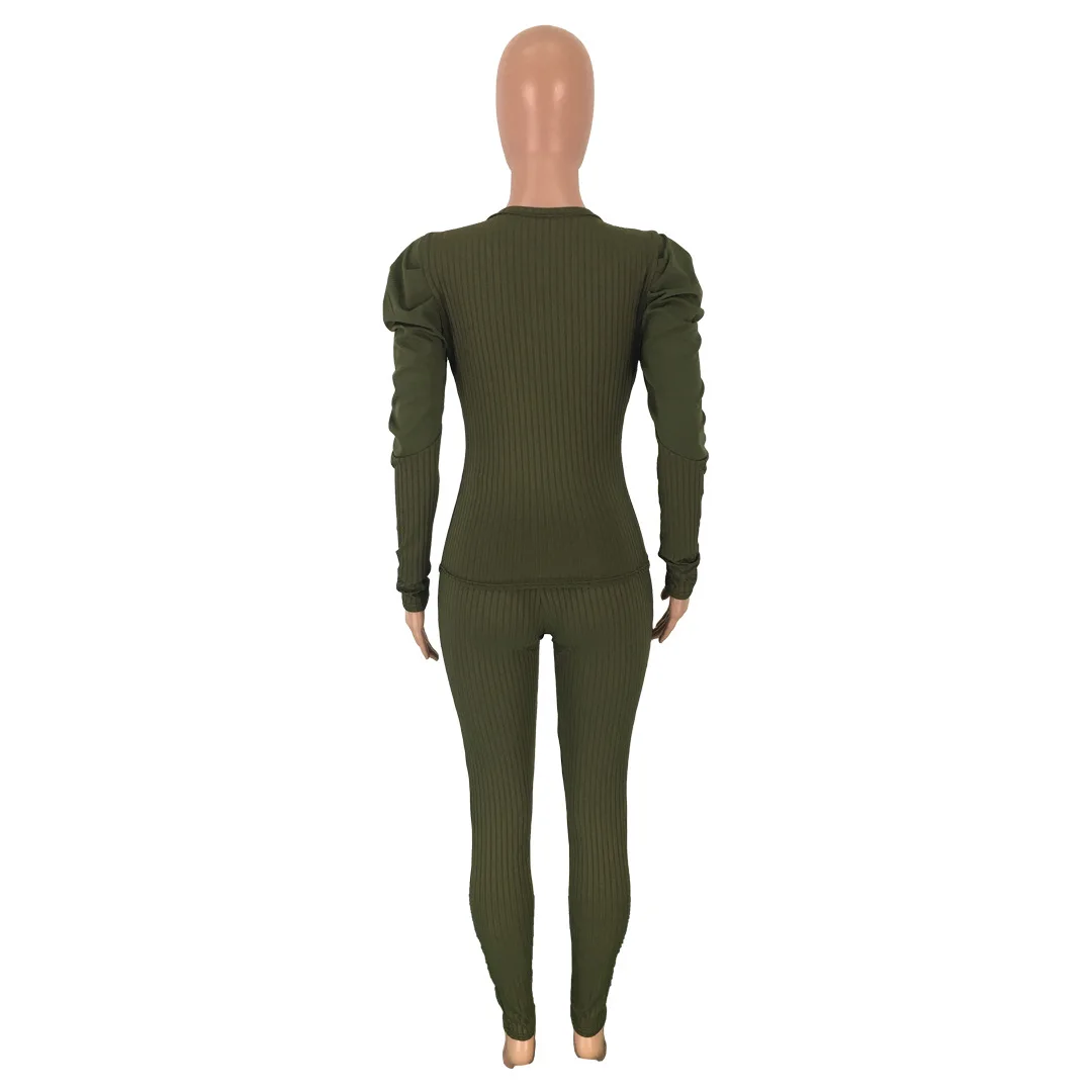 

Winter Women Set Full Puff Sleeve Knitted Tracksuit V-Neck Tops Pants Suit Two Piece Set Night Club Sportswear Outfits