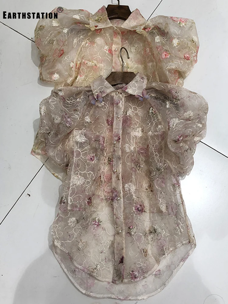 Женская тонкая рубашка из органзы с рукавами-фонариками и вырезами в стиле ретро