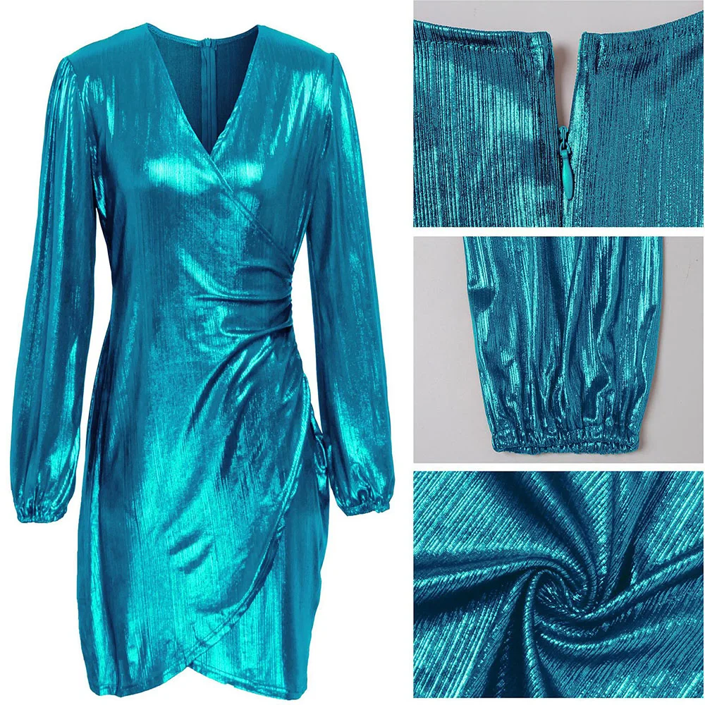 

SEBOWEL Sexy Slim Fit V-neck Sparkly Wrap Bodycon Dress Women Nightclub Female Long Sleeve Bronzing Metallic Luster Ruched Dress
