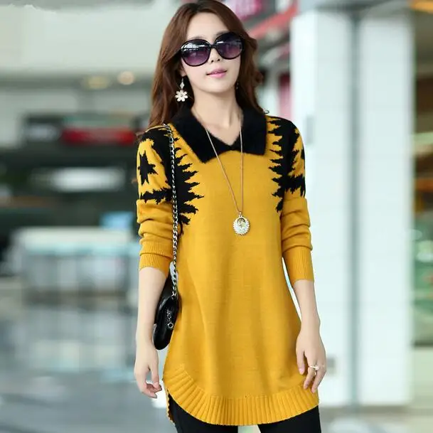 Женский свитер платье 2019 новый длинный пуловер тонкий рукав лацкан Трикотаж