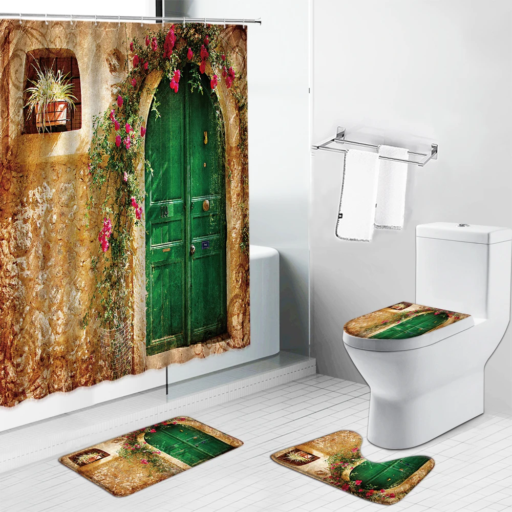 

3D Romantic Street Alley Pattern Shower Curtain Colorful Flowers Bathroom Curtains Non-Slip Rugs Toilet Lid Cover Bath Mat Set