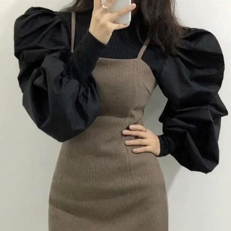 

Spring And Autumn Lantern Sleeve Patchwork White Shirt Women Knit Blouse Female Korean Chic Slim Women's Shirts