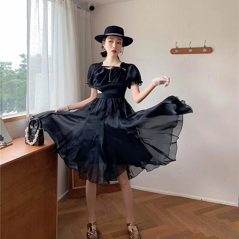 

Korejepo Women Black Dress 2021 Summer Retro Elegant Sexy Square Collar Puff Sleeve Backless Lace Bowknot Mesh Stitching Dress