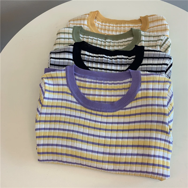

Preppy Style Age-Reducing Thin Knitted Short-Sleeved T-shirt Women's Summer Stripes T-shirt Bottoming Loose Crop Top Tide