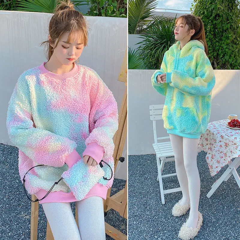 

Autumn Winter Hoodies Women Tie Dye Pink Sweet Hooded Loose Pocket Womens Fleece Flannel Pullover Female Harajuku Sweatshirt