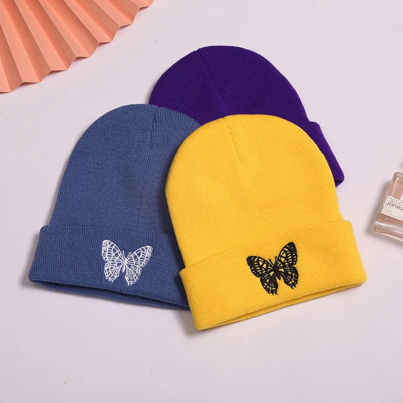 

Fashion Winter Knitted beanie Hats butterfly Embroidery Warm Ski Women's Hat Outdoor Skullies Caps Soft Cap Men Women bonnet