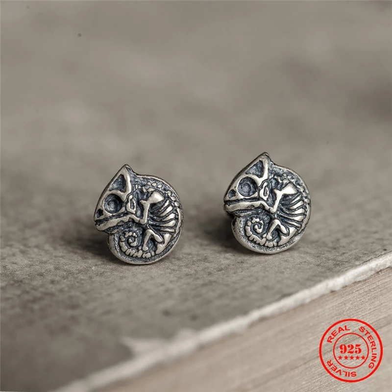 MKENDN 100% 925 Sterling Silver Creative Retro chameleon Skull Stud Earrings For Men Women Gothic Dark Jewelry