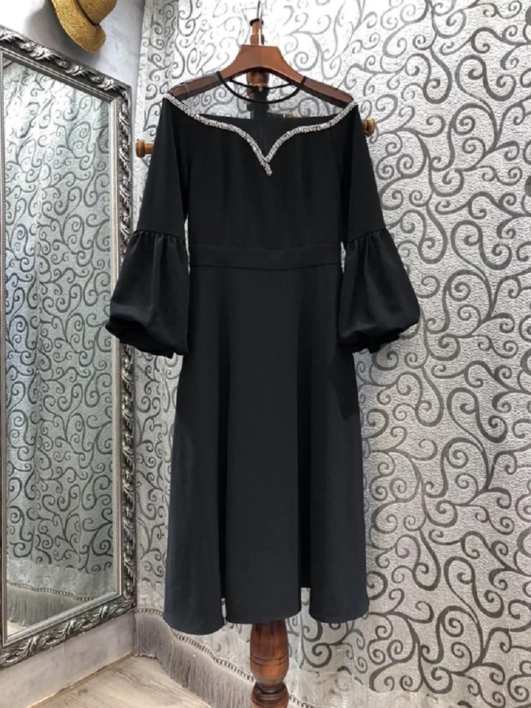 

Festa Vestidos De 2021 Spring Summer Party Event Women Sexy Tulle Mesh Beading Deco Puff Sleeve Mid-Calf Black Red Dress Luxury