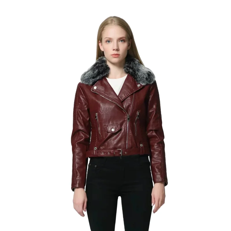 

Fad Hot Vogue Women Winter Warm Faux Leather Jackets With Fur Collar Belt Lady Black Pink Motorcycle Biker Outerwear Coats