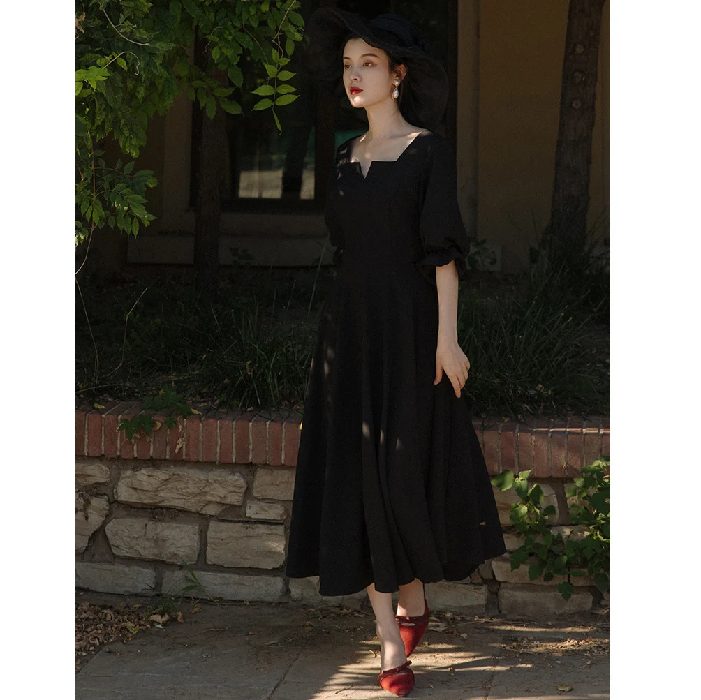 

Summer Solid Vintage Square Collar Long Dress Women Streetwear French Style Puff Sleeve Prairie Chic Elegant Sweet Girls Skirt