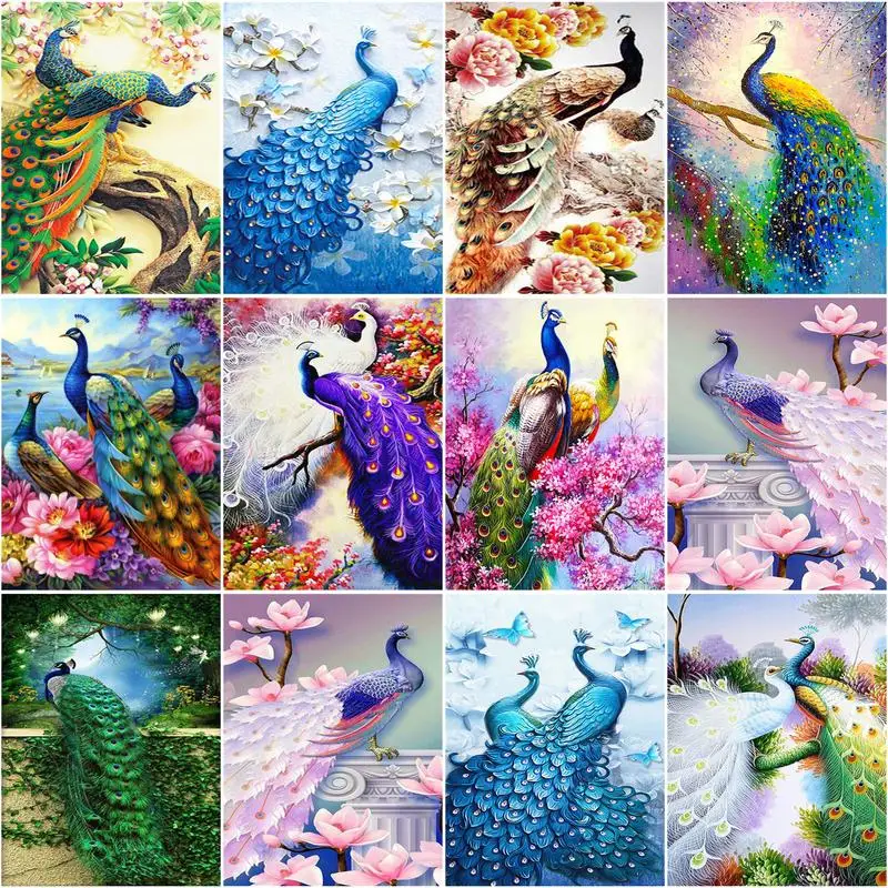 CHENISTORY-Cuadro de pintura por número para adultos, 60x75cm, animales de pavo real pintados a mano, pintura al óleo para decoración del hogar, artesanía artesanal, regalo Diy