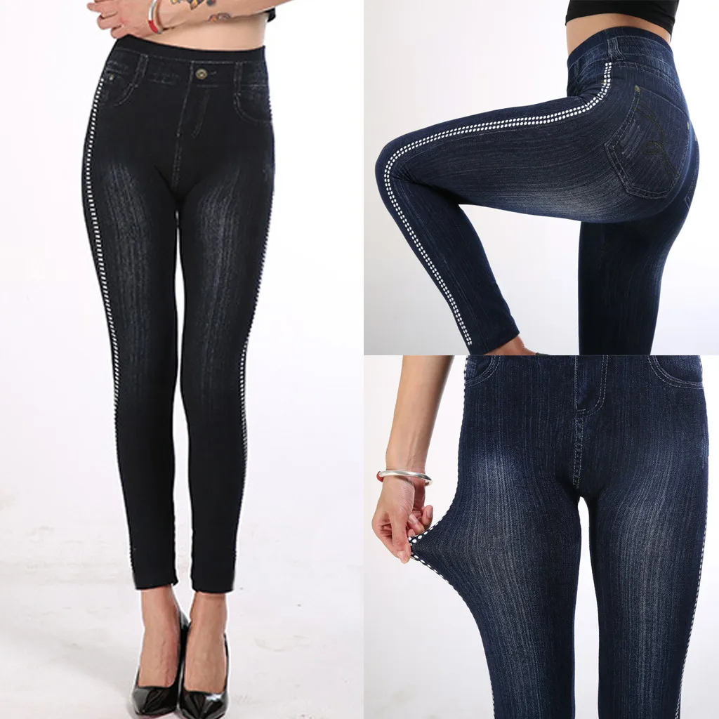 Модные женские леггинсы джинсы с принтом штаны подтяжки бедер обтягивающие