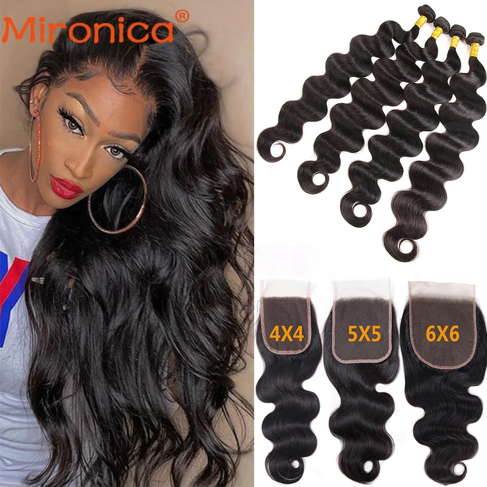 

Mironica Body Wave Bundles With Closure Brazilian Remy Human Hair Frontal Body Wave Bundles And 4X4 5X5 6X6 Transparent Closure