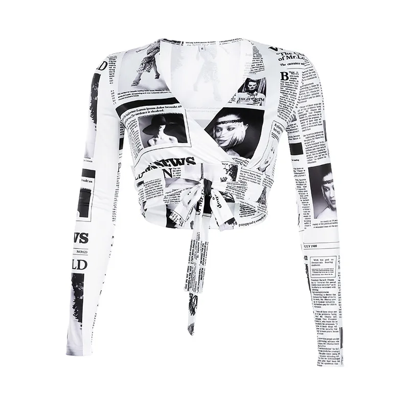 

2021 Summer Retro Fashion Street Newspaper Printing Sexy Tie Deep V-neck Long-sleeved Short Crop Top T-shirt Women