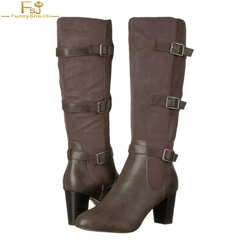 

Женские Сапоги в стиле ретро FSJ, темно-коричневые теплые Сапоги до колена на массивном каблуке с тремя пряжками, с пэчворком, с музыкой и дато...