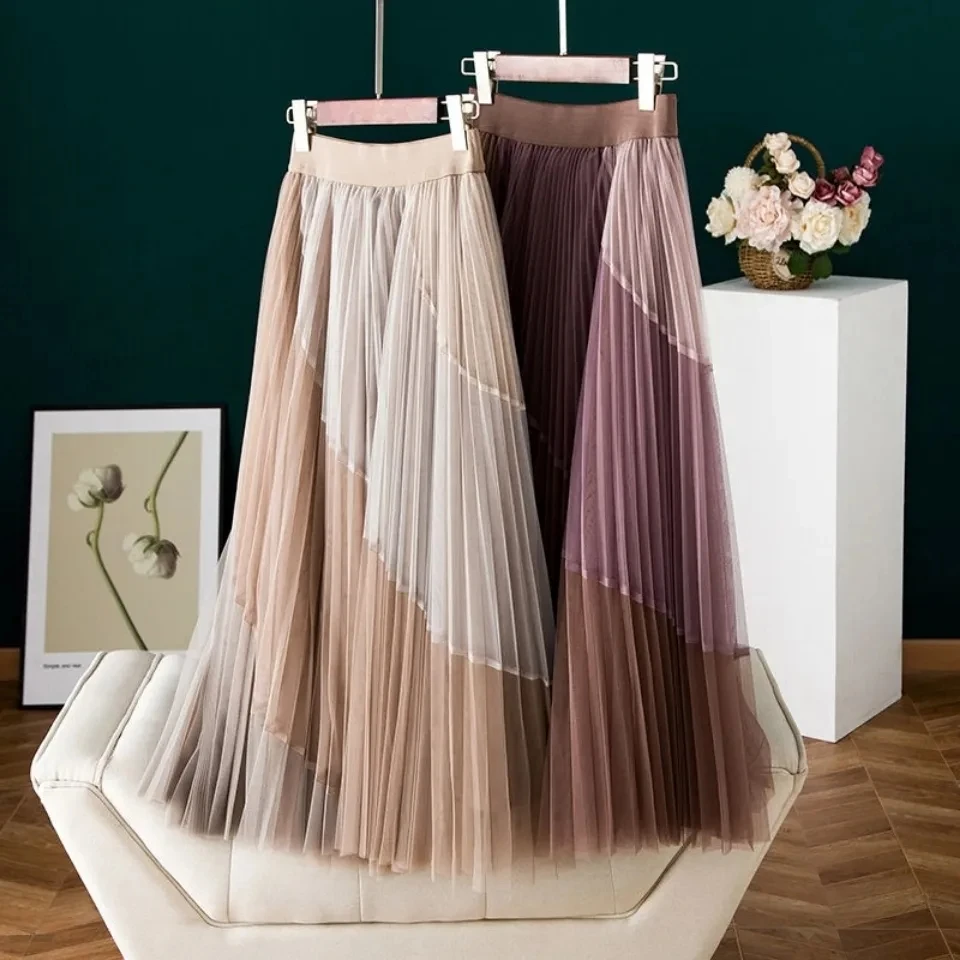 

High-waist pleated mesh skirt women spring/summer 2021 new Korean style design irregular large-length mid-length A-line skirt