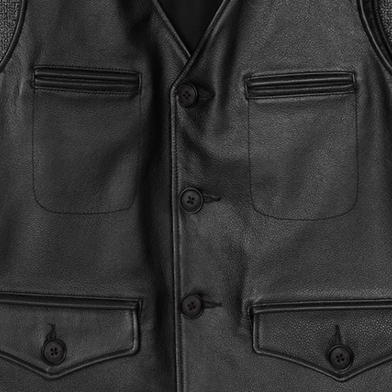 

Quality Cowhide Leather High Sleeveless Jacket Men Single Breasted V Neck Real Leather Vest Top Business Man Slim Fit Waistcoat