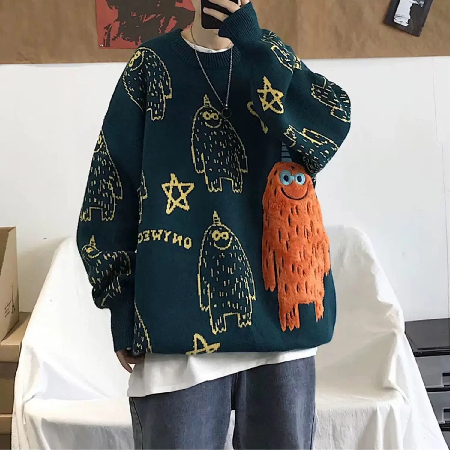 E BAIHUI мужской свитер в стиле хип хоп мультяшный Повседневный Свободный вязаный