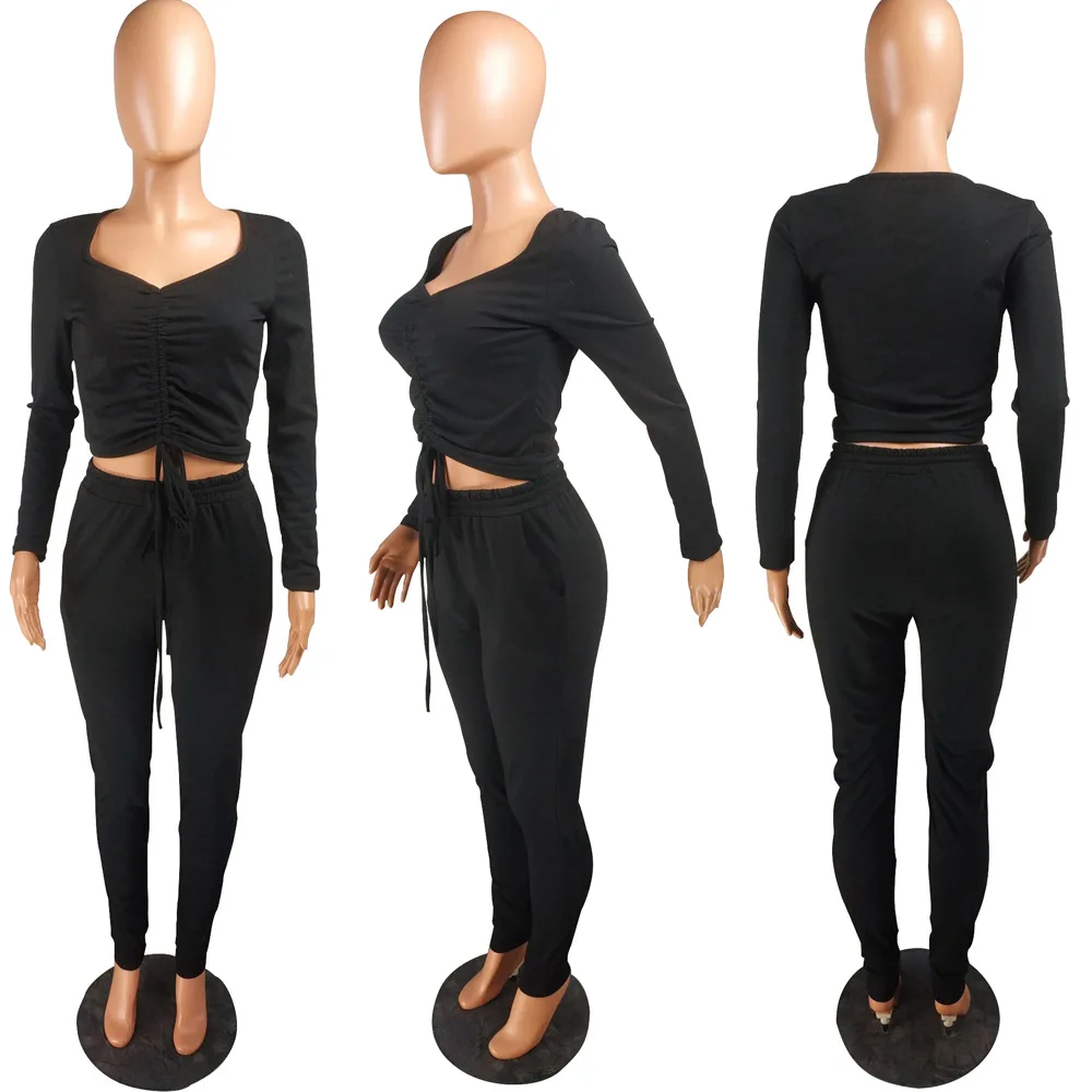 

Autumn Hot Sale Two Piece Set Women Drawstring Long Sleeve Crop Top+High Waist Pencil Pants Casual Tracksuit Sets Komplet Damski
