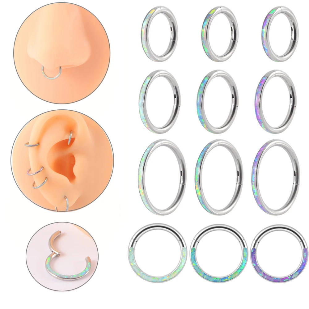 

1Pc G23 Titanium Opal Nose Ring Hoop Labret Ear Tragus Helix Cartilage Daith Earring Hinged Segment Septum Clicker Piercing 16g