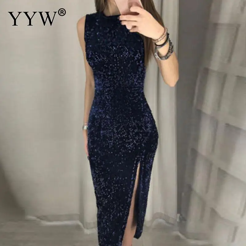 Женское длинное вечернее платье с блестками без рукавов модель 2020|Вечерние