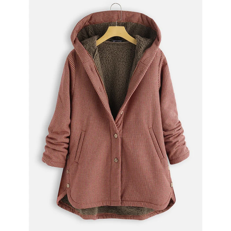 Coat Autumn And Winter New Women's Plaid Loose Plus Velvet Buttons High Street Hooded Jacket Manteau Femme | Женская одежда