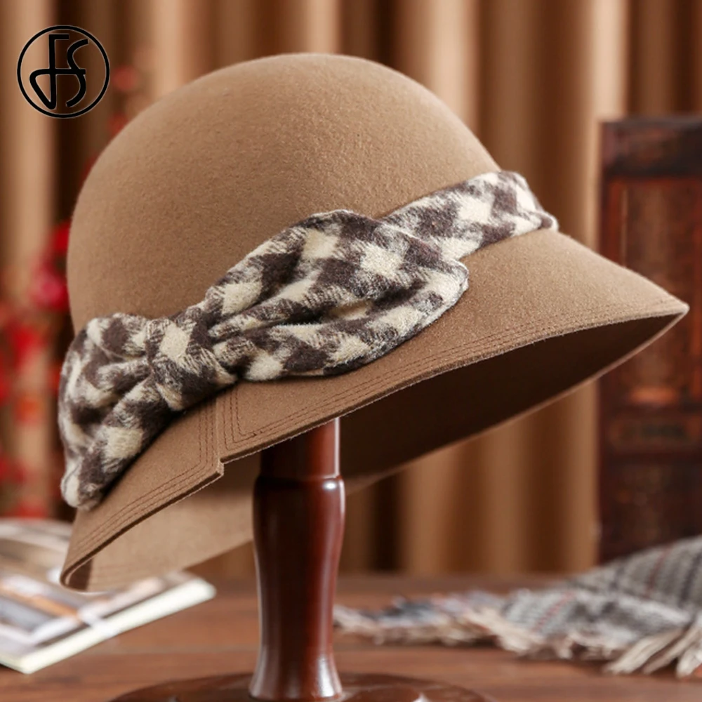 

FS British Wool Felt Dome Top Fedora Hats For Women Autumn Winter Church Cloche Derby Hat Fedoras Bowler Cap With Plaid Bowknot