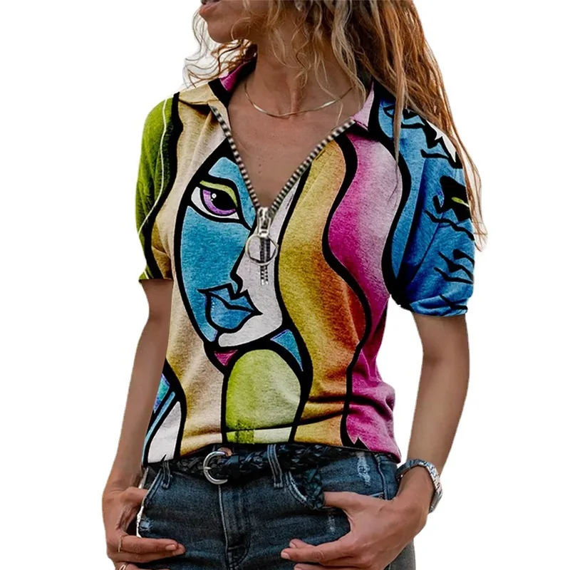 

2021 Summer New Pullover Slim V-neck Print Temperament Commuter Zipper Short Sleeve Women's T-shirt