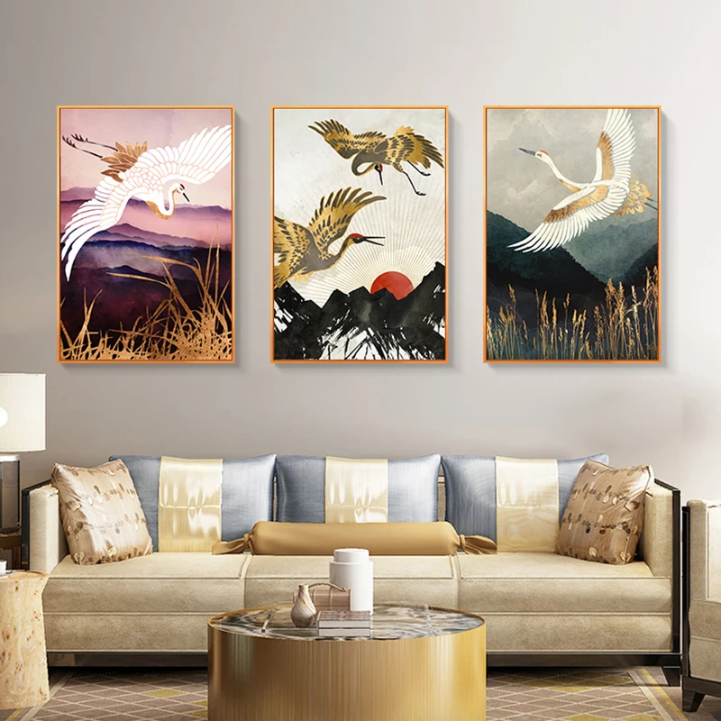 

Japanese Style Landscape Wall Art Abstract Alpine Flying Crane Posters and Prints Canvas Painting Pictures for Living Room Decor