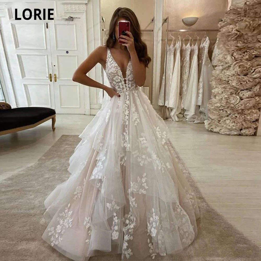 

LORIE Beach Dream Wedding Dresses A Line V-Neck Backless Appliqued Lace Bridal Gowns Puffy Tulle Princess Party Dress 2020