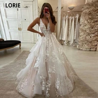 lorie beach dream wedding dresses a line v neck backless appliqued lace bridal gowns puffy tulle princess party dress 2020