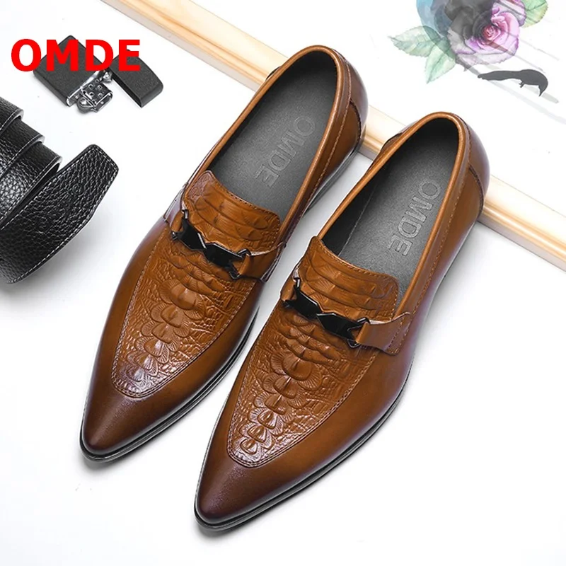 OMDE Summer Pointed Toe Men Dress Shoes Genuine Leather Slip On Formal Shoes Men Business Loafers Brand Wedding Shoes