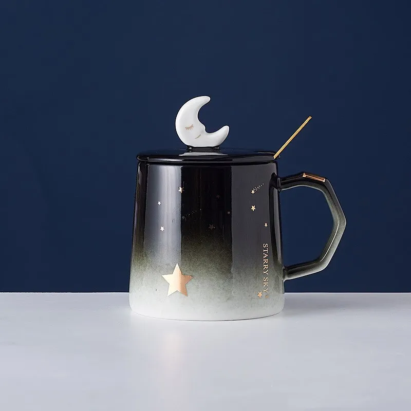 

Ins Ceramic Cup 400ml Creative Gradient Starry Sky Moon Star Mug Drawing Gold Student Korean Style Cartoon Mug with Lid Spoon