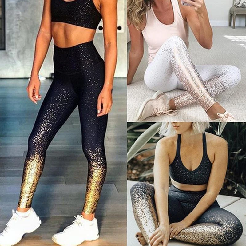 

Nice New Women Yoga Pants High Waist Glitter Slim Trousers Stretchy Push Up Sportwear Running Fitness Gym Clothes Sport Leggings