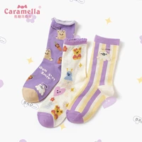 2021 new summer caramella womens socks 3 pairslot cute cartoon bear purple series elegant breathable thin net cotton socks